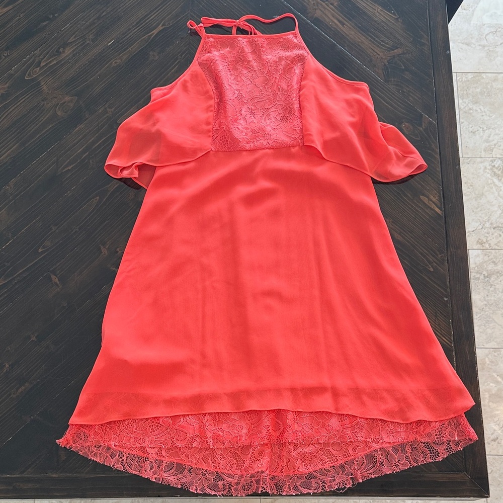 BCBGeneration Coral Halter Dress with Lace Accents